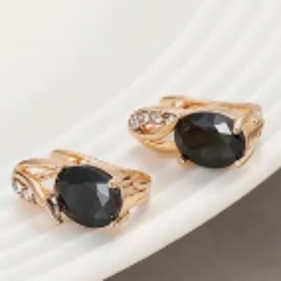 18k Gold Plated Water Drop Black Diamond Earrings - Picture 3 of 5
